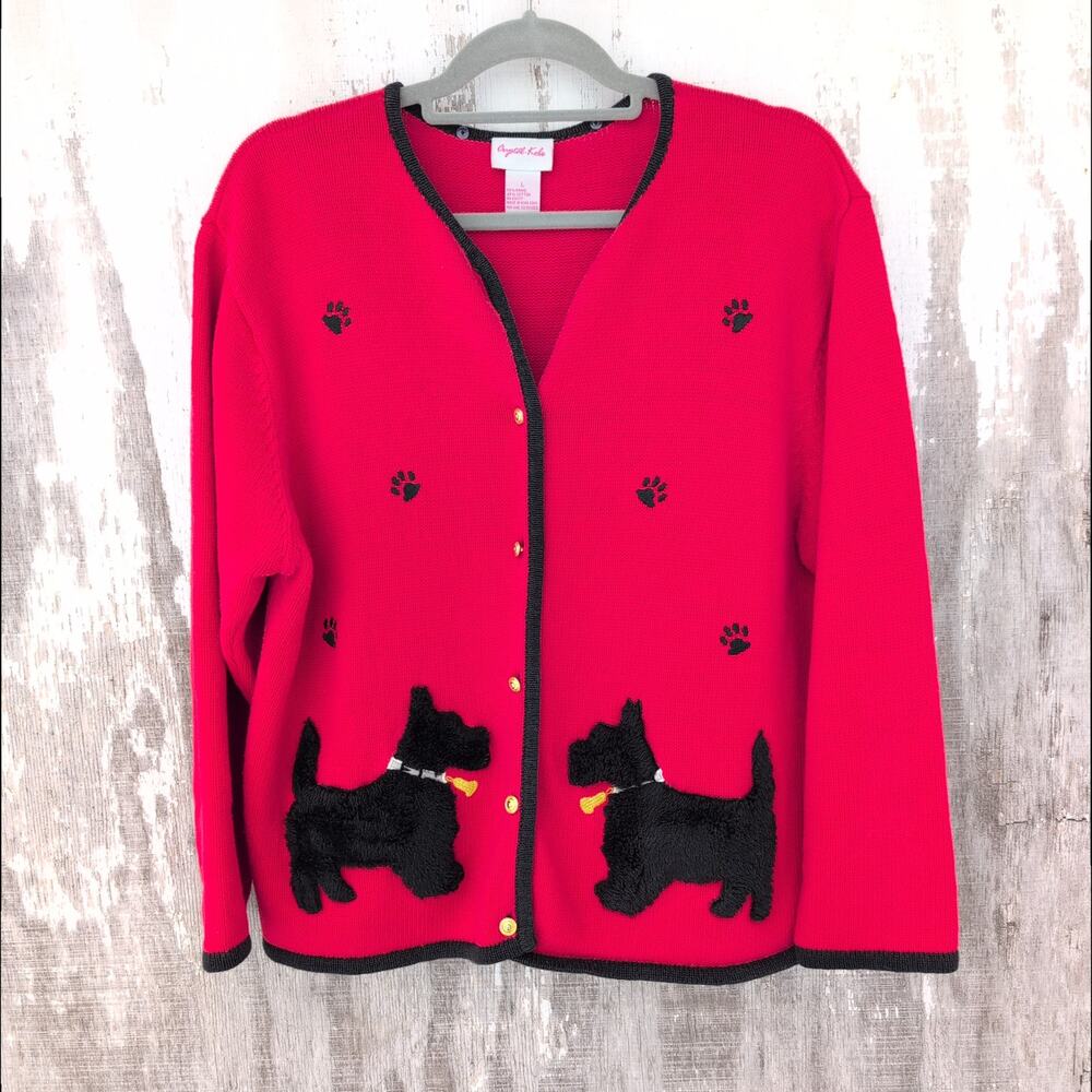 Vintage Crystal Kobe Scottie Dog Whimsical Button Up Knit Cardigan Women's Large